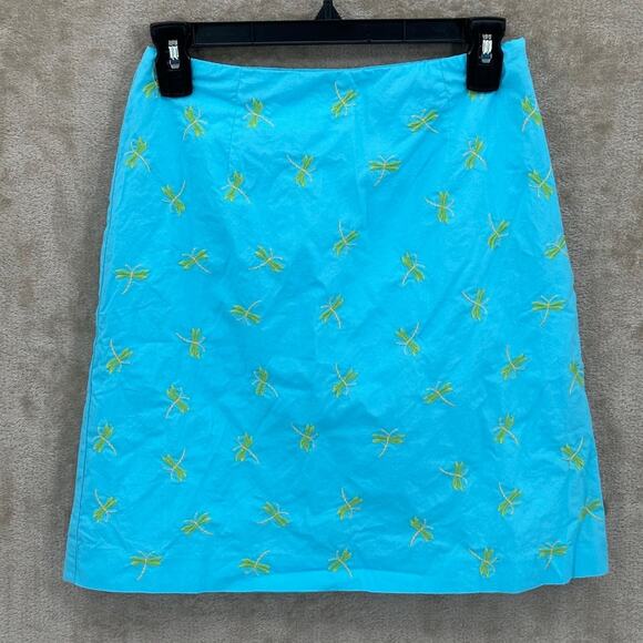 Talbots Skirt Women 2 Petite Blue Embroidered Dragonflies Boho Preppy Summer Y2K - Picture 1 of 7